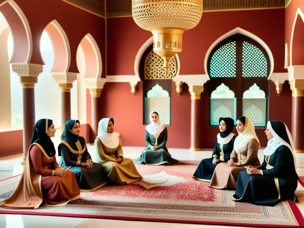 Un grupo de mujeres en trajes islámicos participan en una discusión diplomática en un hermoso entorno