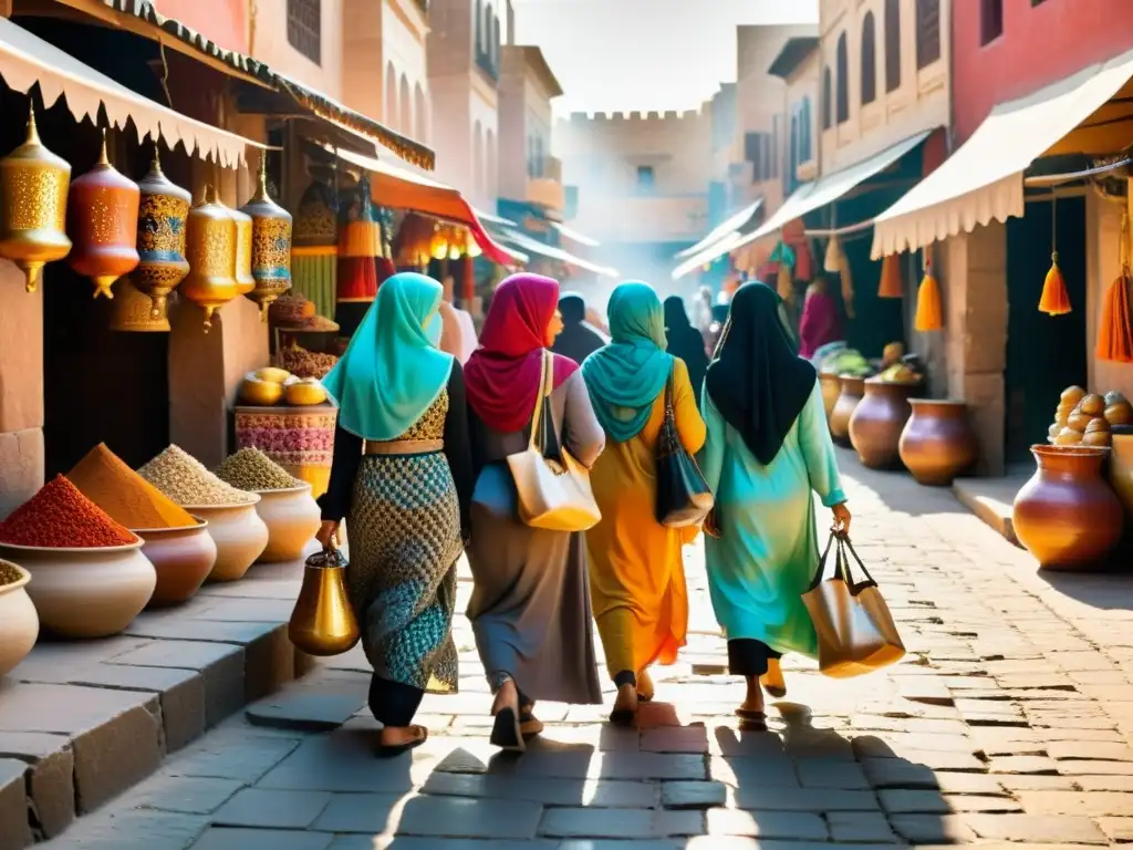 Un grupo de mujeres con velos pasea por un bullicioso mercado en una antigua ciudad islámica, rodeadas de colores y aromas