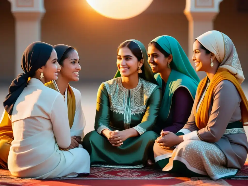 Un grupo de mujeres vestidas con atuendos islámicos conversan en círculo al atardecer, transmitiendo narrativas orales y empoderamiento femenino en la tradición islámica