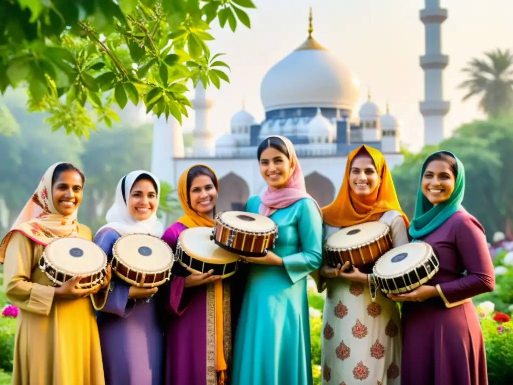 Un grupo de mujeres con vestimenta islámica tradicional, sonriendo y tocando instrumentos musicales en un entorno natural