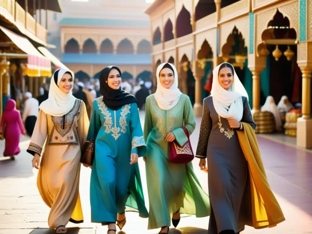 Un grupo de mujeres en vestimenta islámica tradicional camina por un bullicioso mercado con textiles coloridos y arquitectura ornamental de fondo