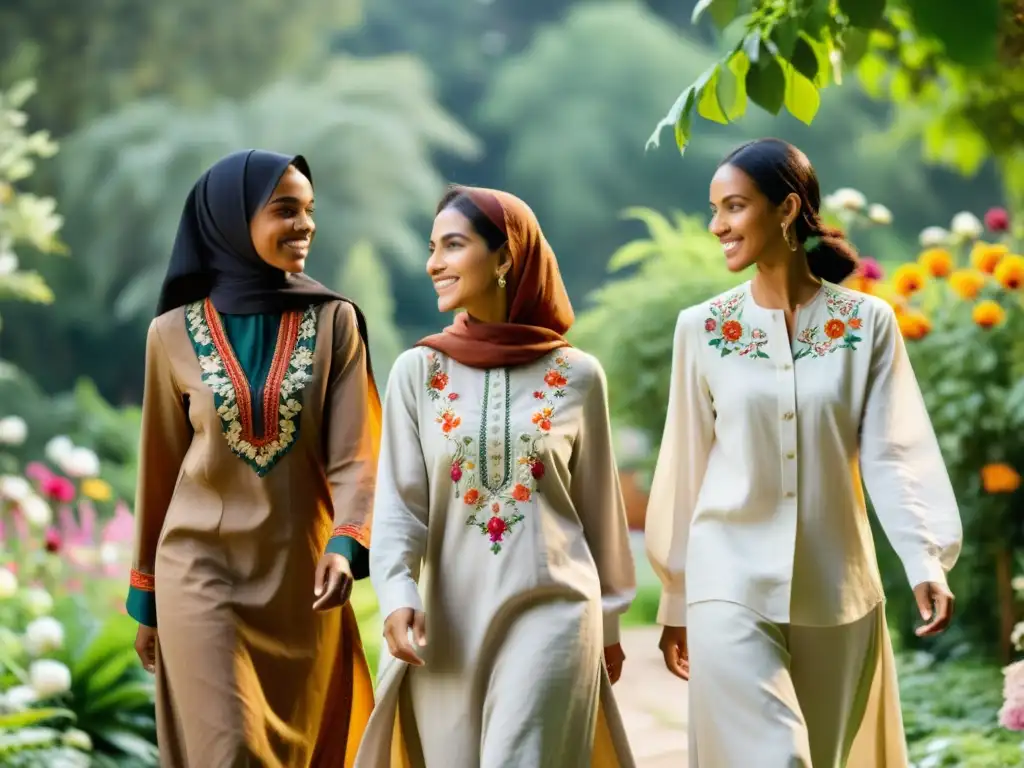 Grupo de mujeres en vestuario islámico sostenible, paseando por un jardín soleado entre flores vibrantes y exuberante vegetación