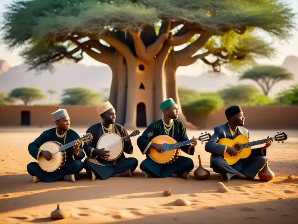 Un grupo de músicos africanos toca instrumentos islámicos bajo un baobab