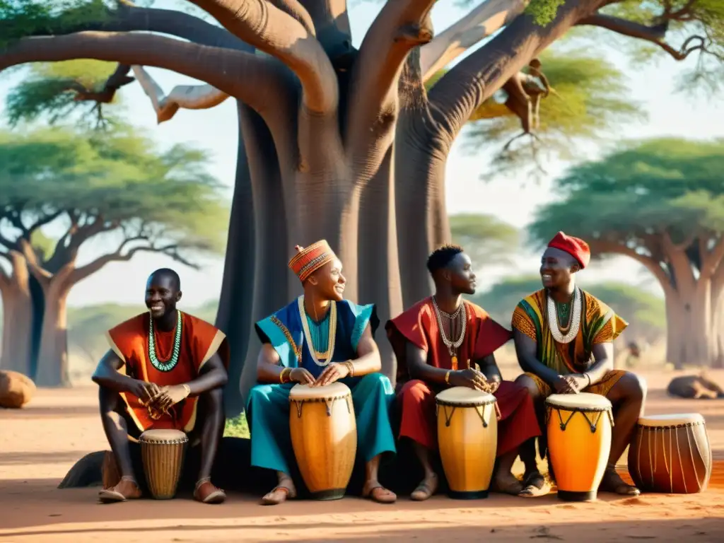 Un grupo de músicos africanos toca instrumentos tradicionales bajo un baobab, evocando la música islámica tradicional en África