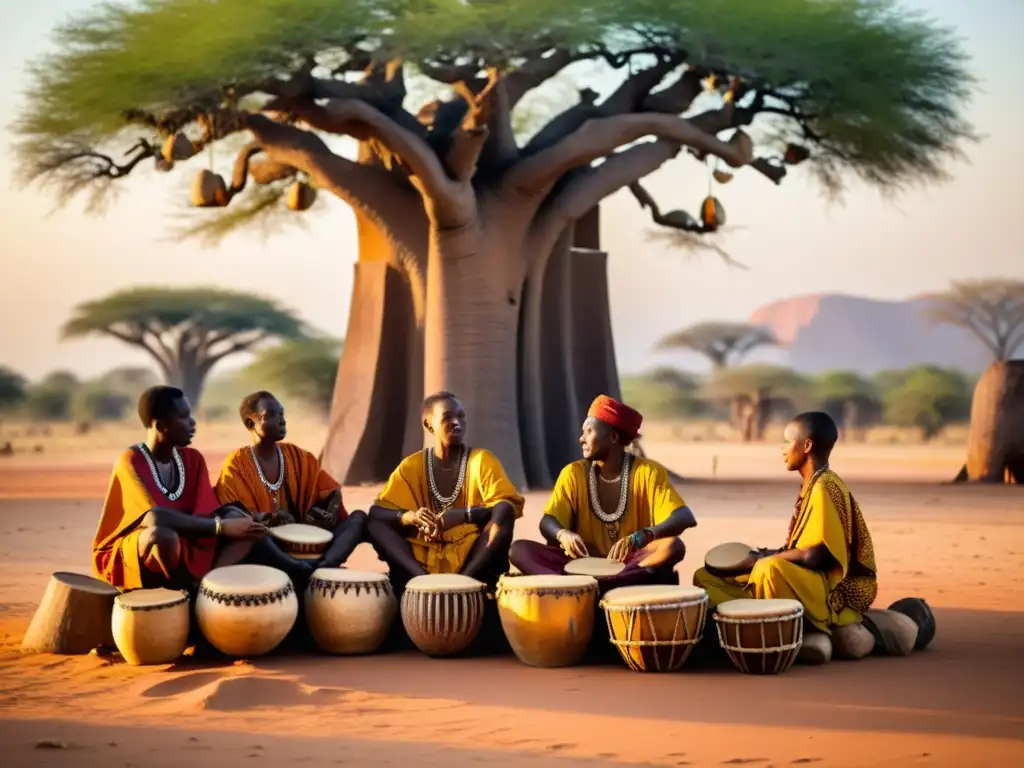 Un grupo de músicos africanos tradicionales tocan instrumentos bajo un baobab al atardecer, creando música islámica tradicional en África