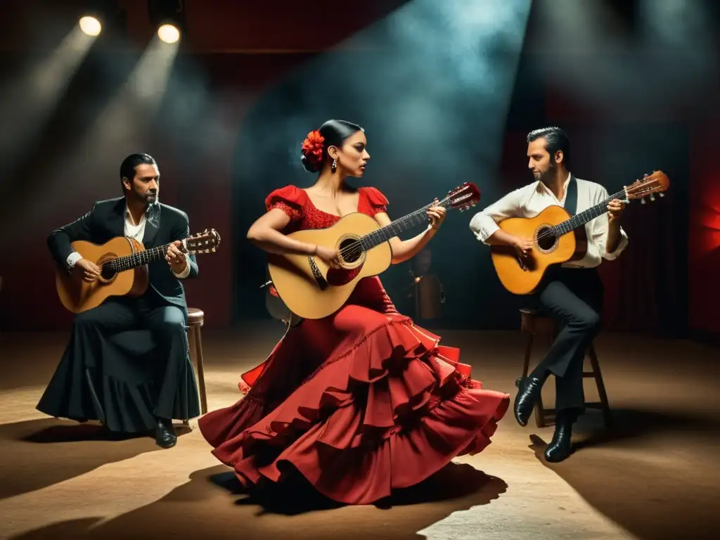 Grupo de músicos y bailarines de flamenco en un ambiente íntimo, transmitiendo la pasión y la intensidad del origen del flamenco en Al-Ándalus