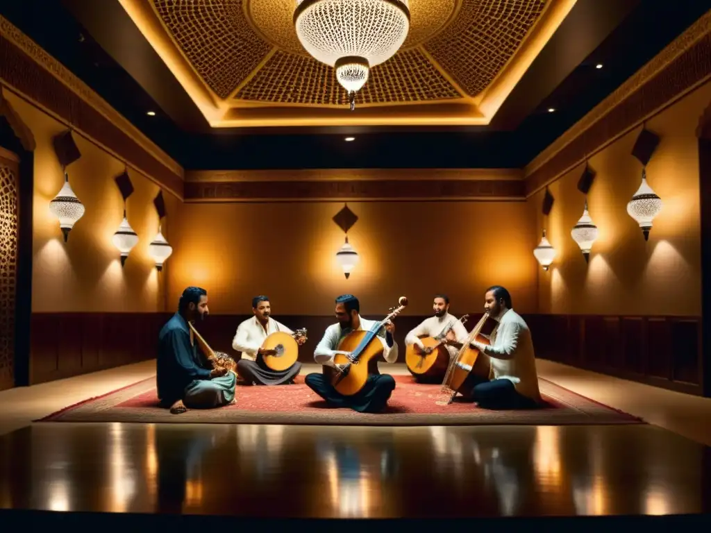 Grupo de músicos tocando instrumentos árabes en un salón ricamente decorado, creando el tarab en la música árabe