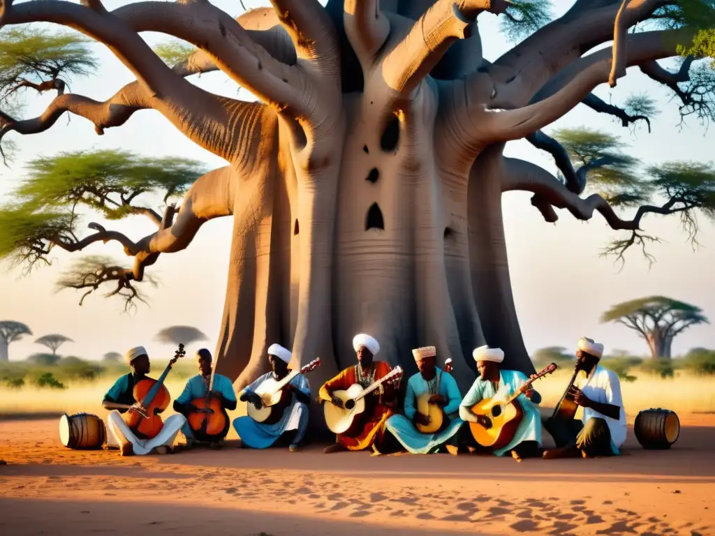 Un grupo de músicos toca instrumentos islámicos bajo un baobab en la sabana africana, creando melodías conmovedoras