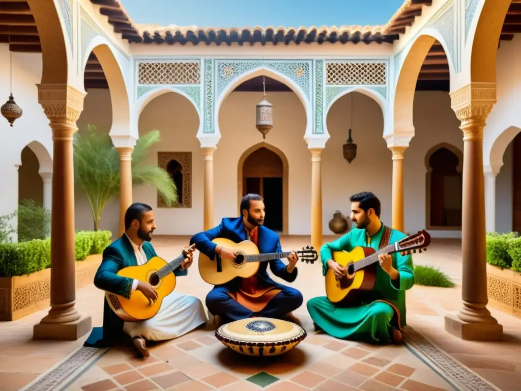 Un grupo de músicos con instrumentos andalusíes en un patio histórico de Al-Ándalus, evocando la influencia música andalusí Europa