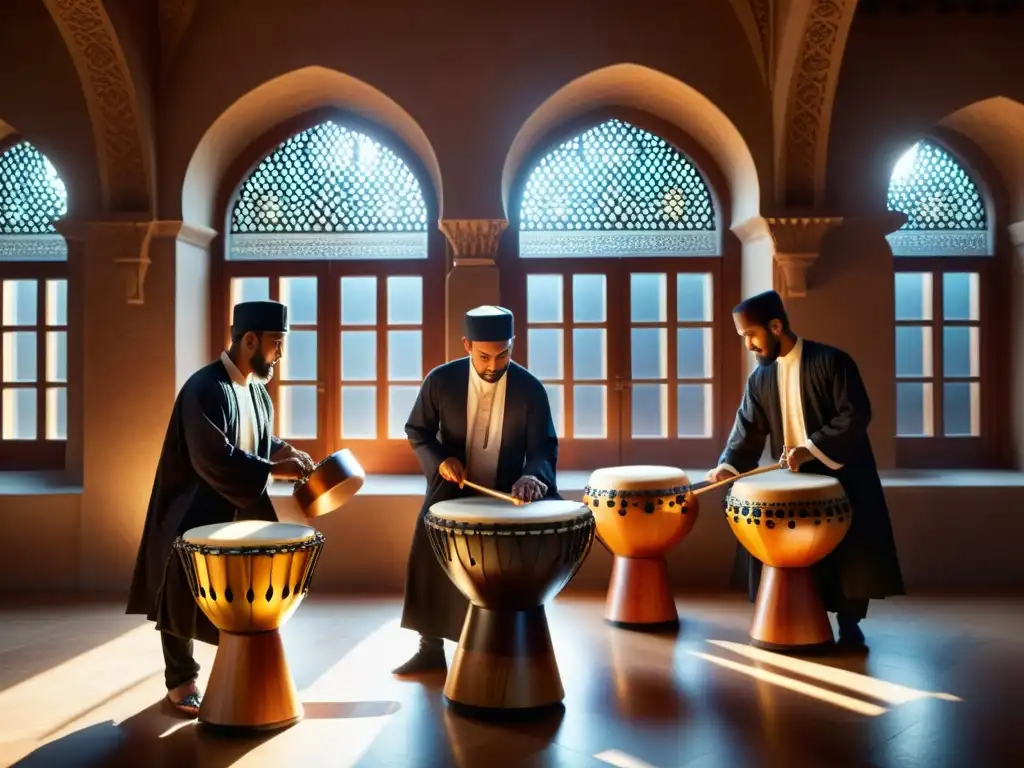 Grupo de músicos tocando instrumentos de percusión islámica en un entorno histórico, con expresiones apasionadas y movimientos detallados de las manos