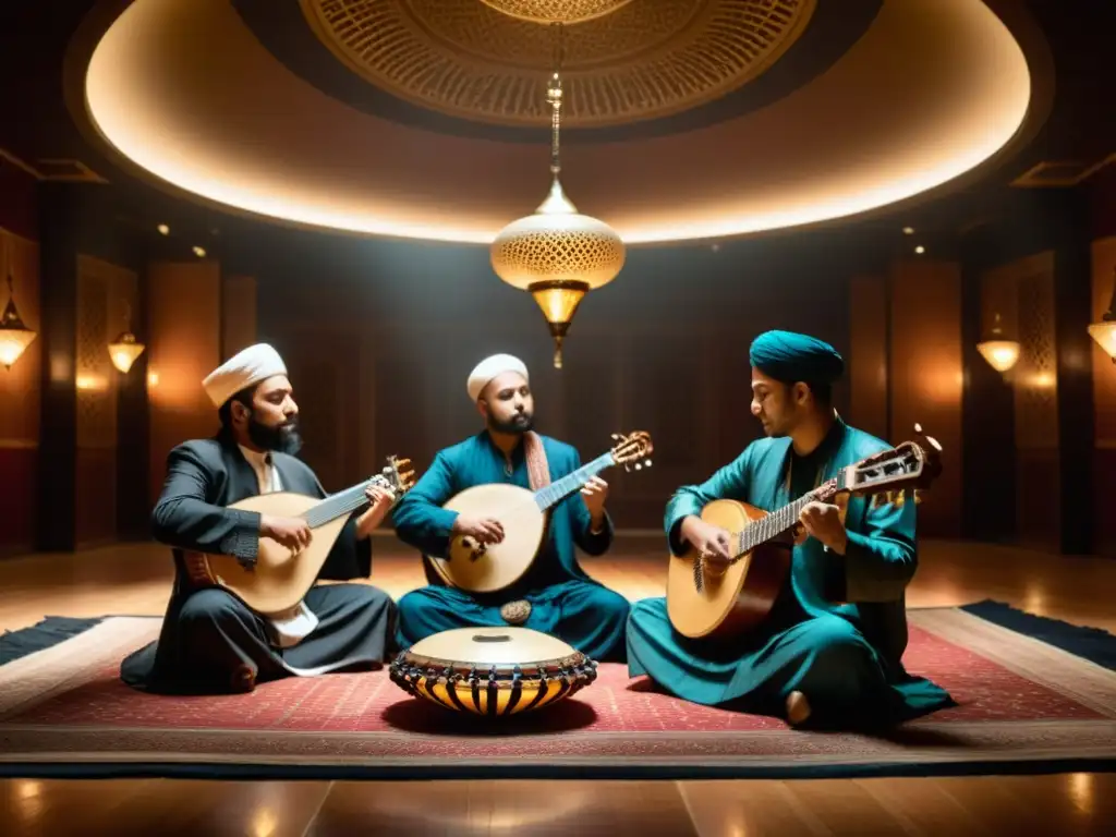 Un grupo de músicos toca instrumentos tradicionales islámicos en un salón decorado con luz tenue, capturando la influencia islámica en la música