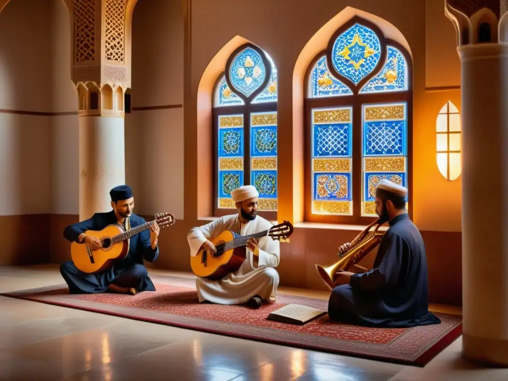 Un grupo de músicos toca instrumentos tradicionales islámicos en una mezquita bellamente decorada, creando una atmósfera espiritual