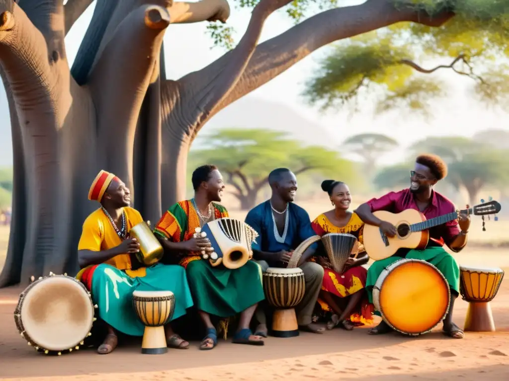 Grupo de músicos tocando instrumentos tradicionales africanos bajo un baobab, mientras la música islámica tradicional en África une a personas de diferentes culturas en danza y coloridos atuendos