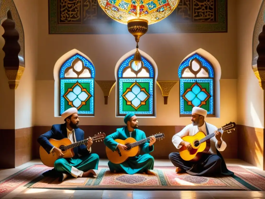 Grupo de músicos tocando instrumentos tradicionales islámicos en una hermosa mezquita