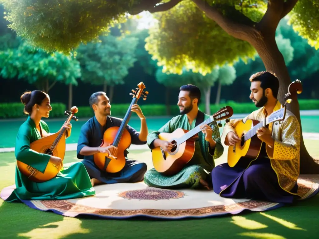 Un grupo de músicos toca instrumentos tradicionales islámicos en un exuberante jardín