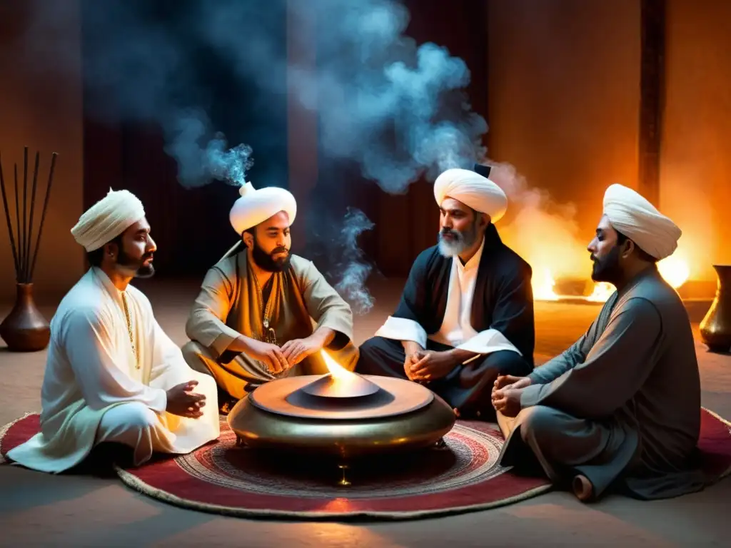 Grupo de músicos sufí tocando instrumentos tradicionales en un ambiente espiritual con incienso y luz de velas