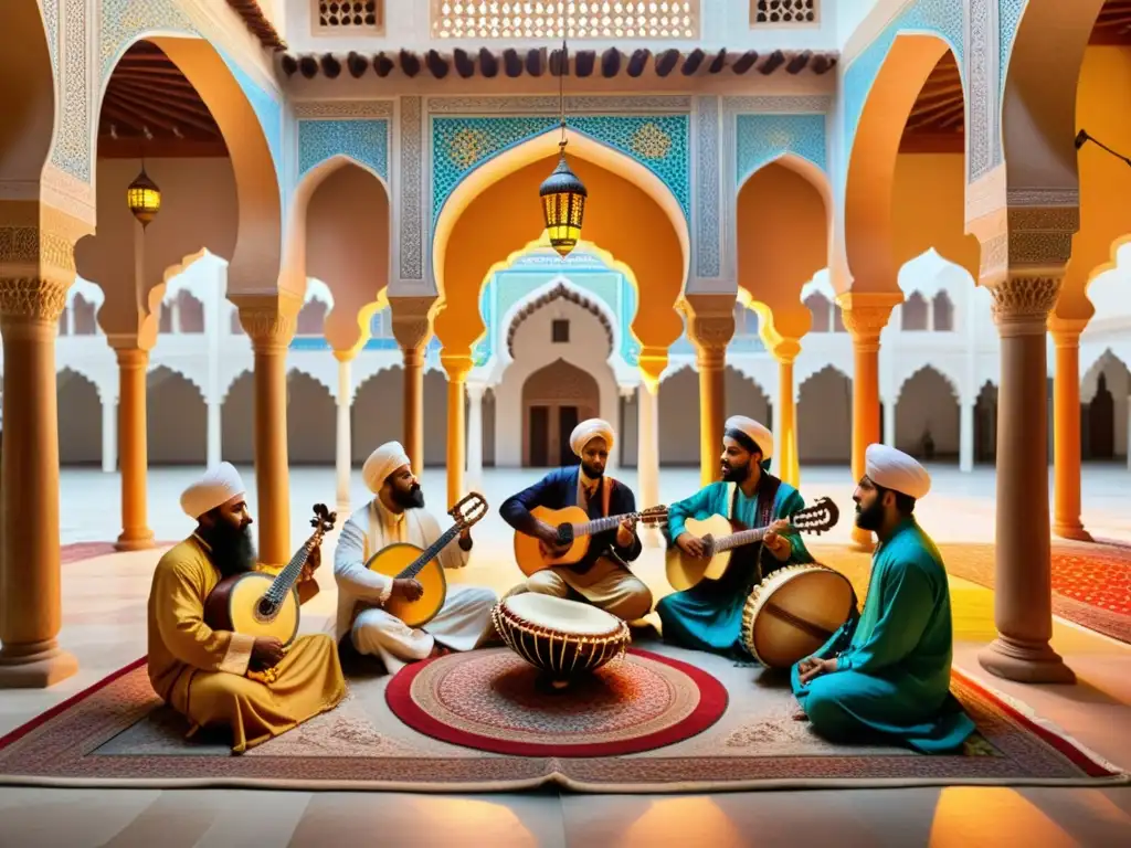 Grupo de músicos tocando instrumentos tradicionales en un patio islámico decorado con mosaicos y arcos, iluminado por elegantes linternas