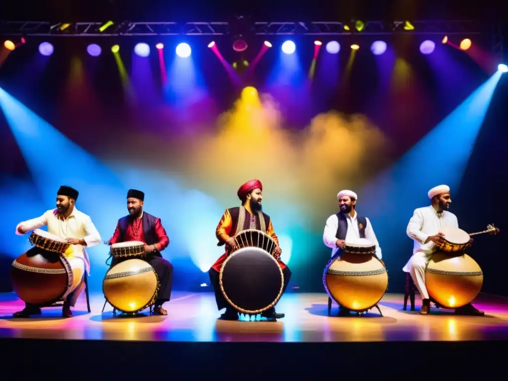 Grupo de músicos islámicos modernos tocando percusión en un escenario iluminado con luces coloridas, creando una atmósfera vibrante y cautivadora