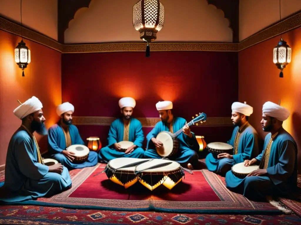 Un grupo de músicos islámicos tradicionales tocan en una habitación con alfombras vibrantes y linternas