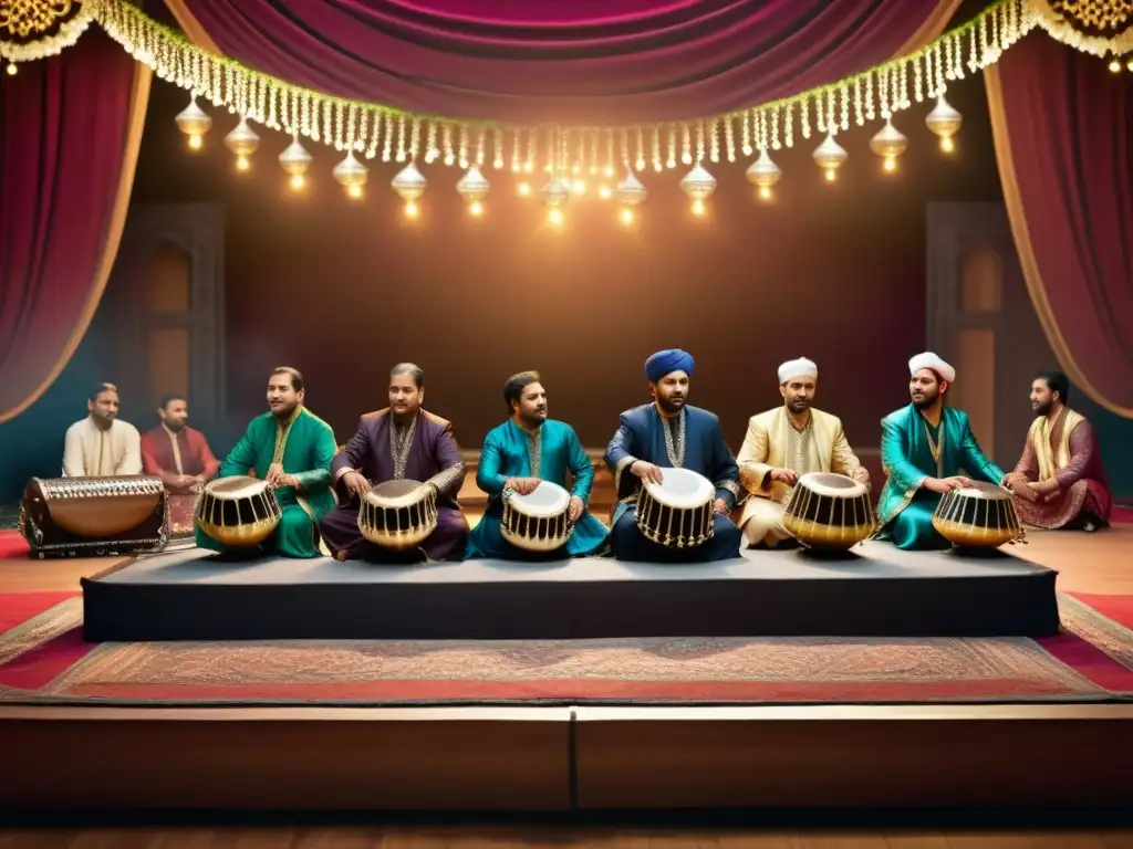 Un grupo de músicos Qawwali místicos poetas islámicos crea una atmósfera espiritual y culturalmente rica en un escenario bellamente decorado