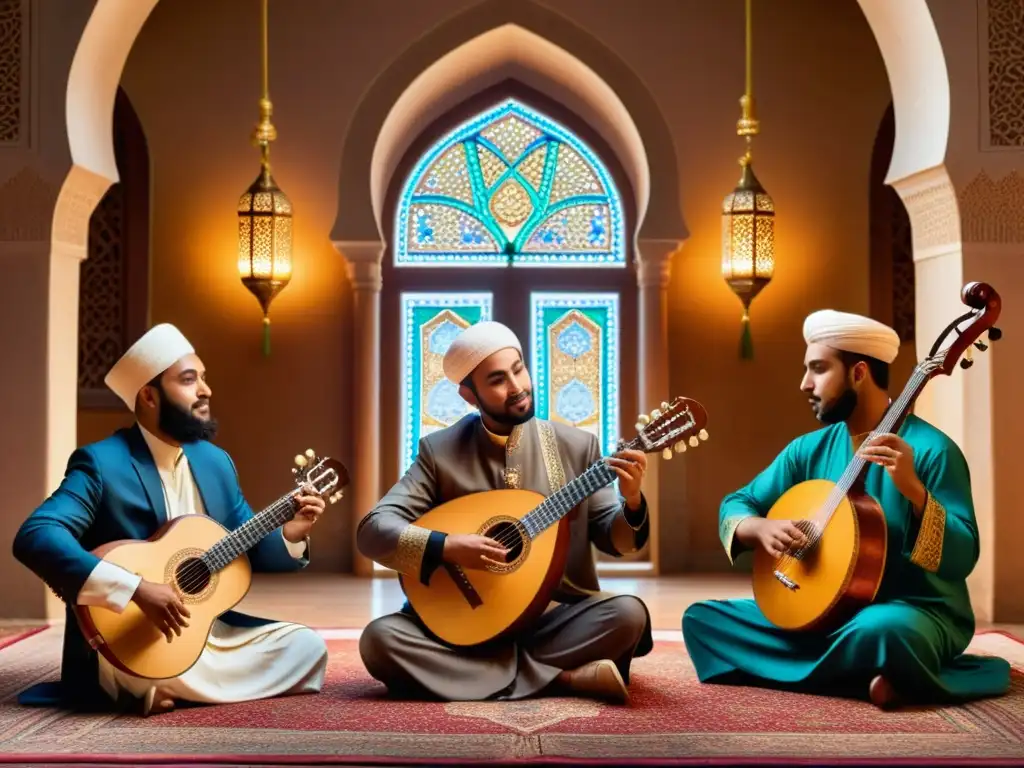 Un grupo de músicos musulmanes toca instrumentos tradicionales en una mezquita decorada, creando una atmósfera de reverencia y riqueza cultural