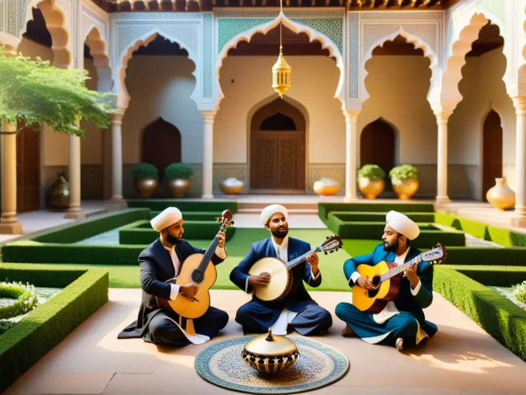 Un grupo de músicos musulmanes interpreta melodías en un patio ornamental