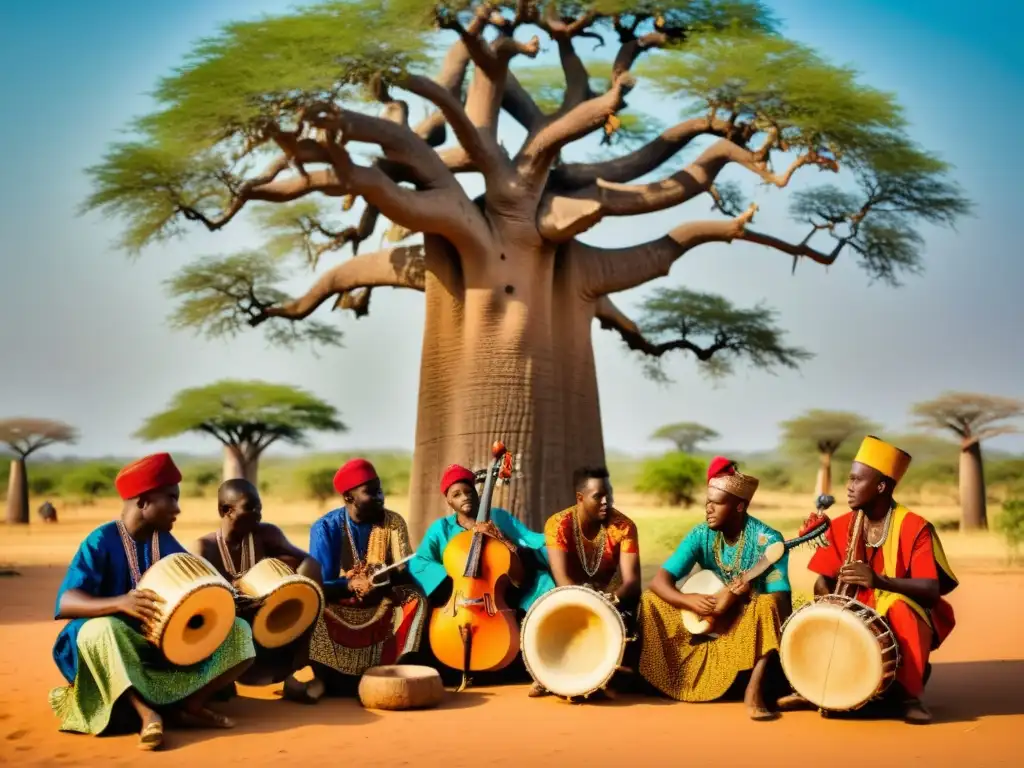 Un grupo de músicos de África Occidental interpreta con pasión bajo un baobab, reflejando la influencia islámica en la música africana occidental