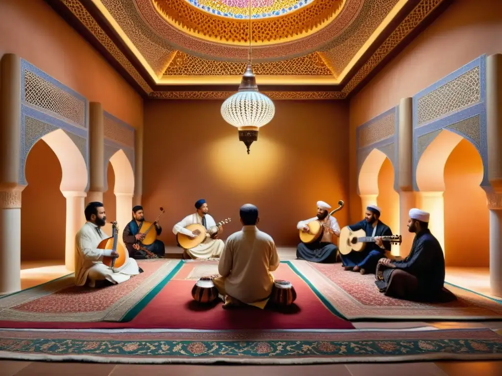 Grupo de músicos y oyentes en una reunión de música islámica ortodoxa en un hermoso salón decorado con patrones e instrumentos tradicionales