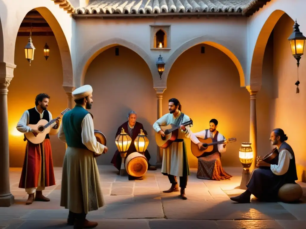 Un grupo de músicos y poetas se reúnen en un patio medieval iluminado con lanternas, evocando el legado jarcha mozárabe cultura hispanoárabe