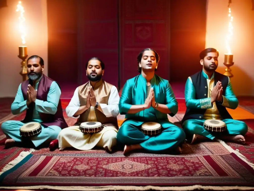 Grupo de músicos de Qawwali en una sala iluminada por velas, cautivando con su música mística y trajes de colores ricos