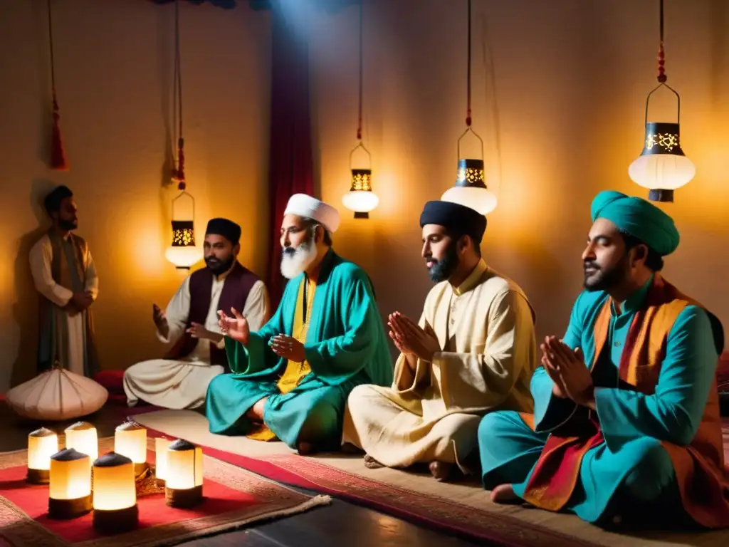 Grupo de músicos sufíes en una habitación iluminada por lámparas, interpretando una emotiva Qawwali mística poetas islámicos