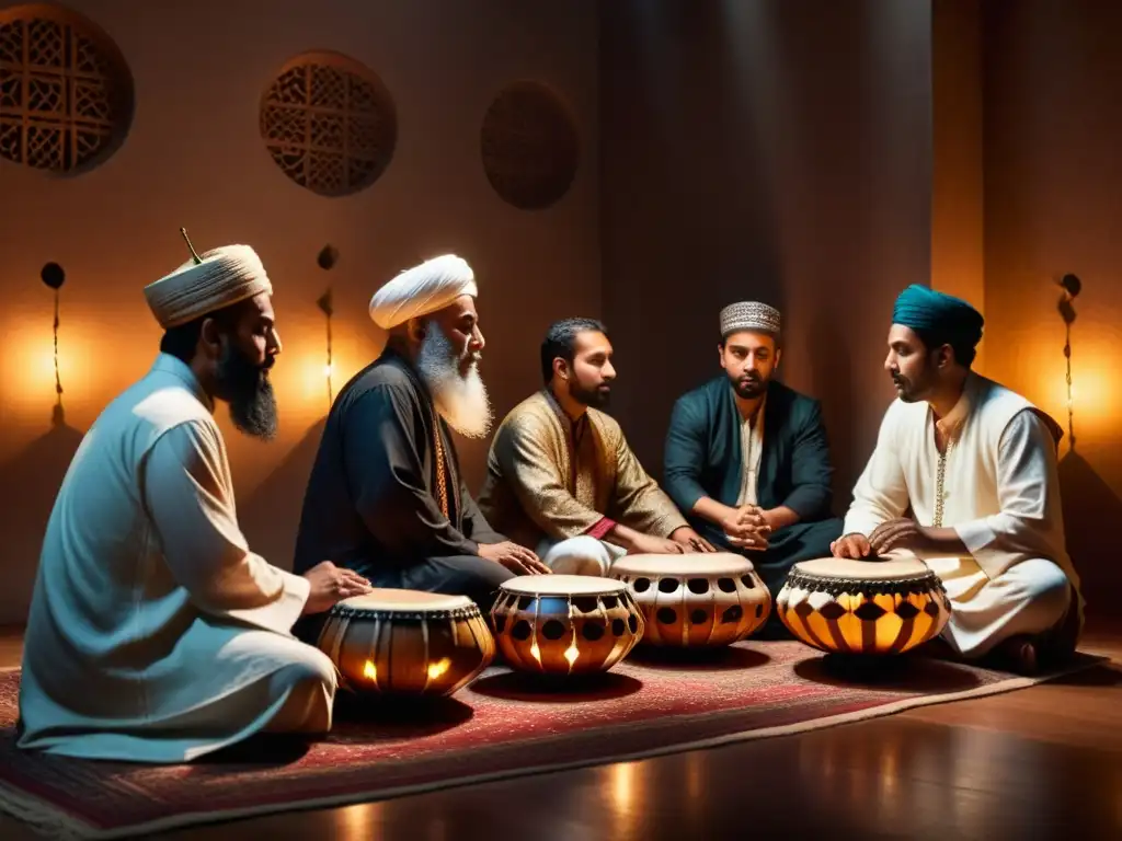 Un grupo de músicos sufíes toca instrumentos de percusión islámica en una habitación iluminada por velas, transmitiendo devoción y conexión espiritual