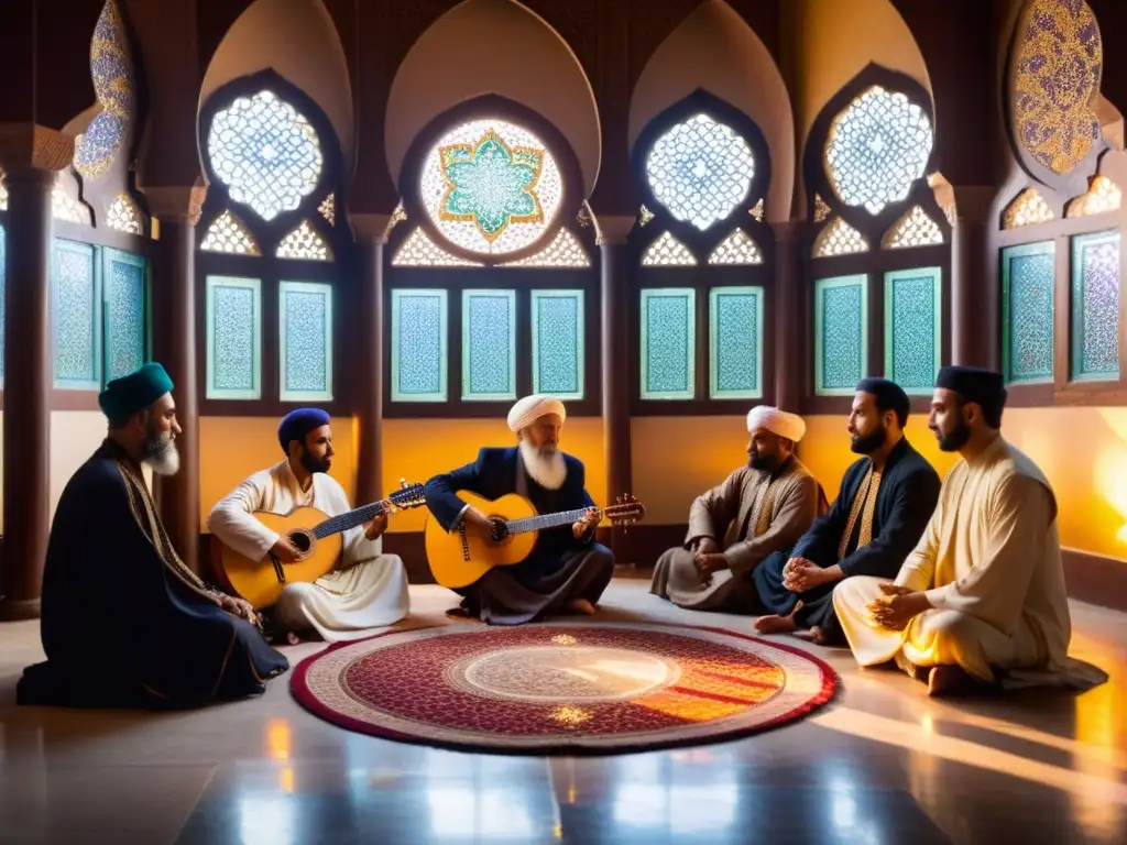 Grupo de músicos sufíes tocando instrumentos tradicionales en un antiguo mosque