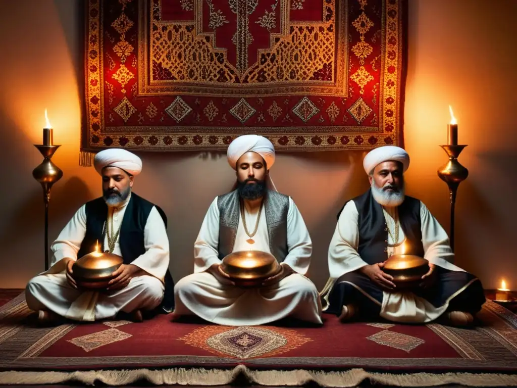 Grupo de músicos sufíes crean un poder espiritual del canto en una habitación iluminada por velas y decorada con tapices persas