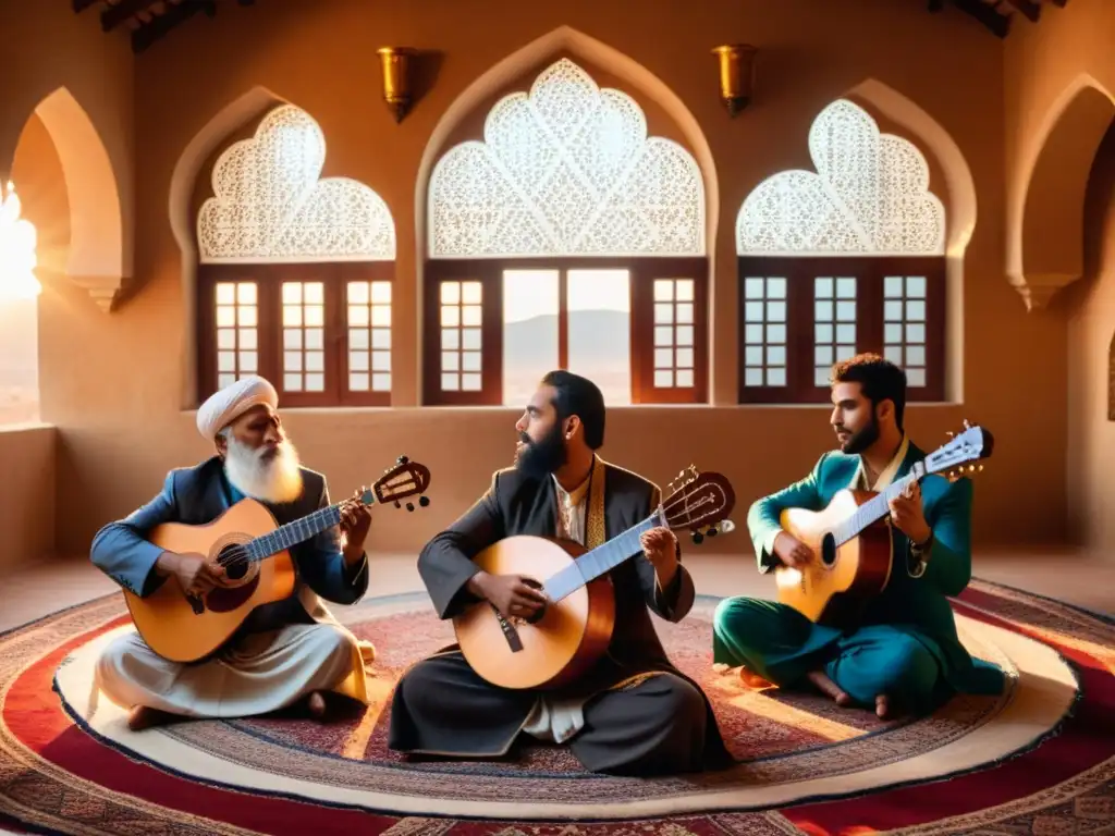 Un grupo de músicos sufíes en profunda concentración, tocando instrumentos tradicionales