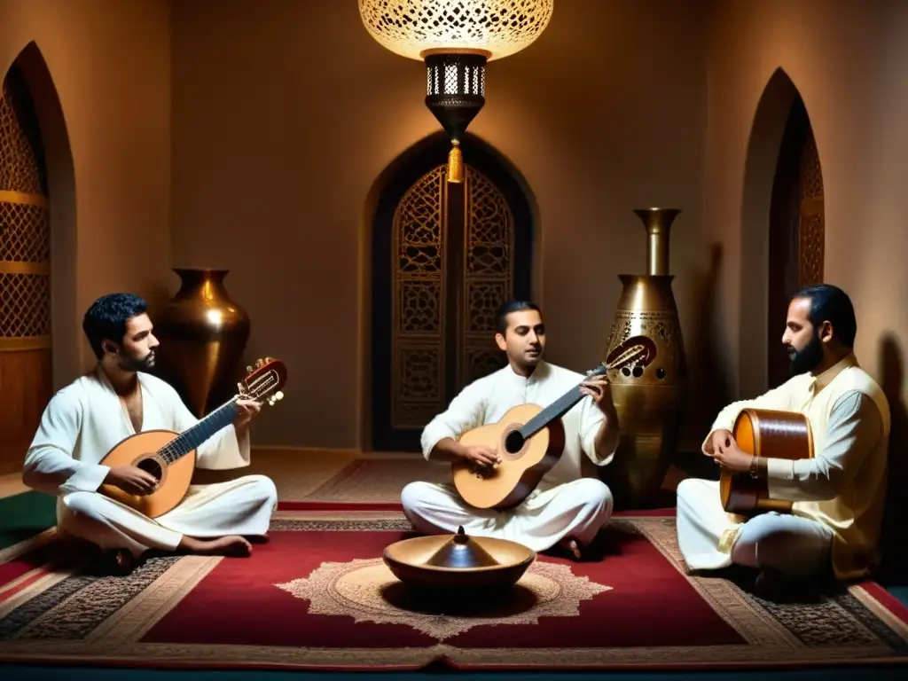 Un grupo de músicos se sumerge en El Tarab en la música árabe, rodeados de instrumentos tradicionales en una habitación con incienso y luz de velas