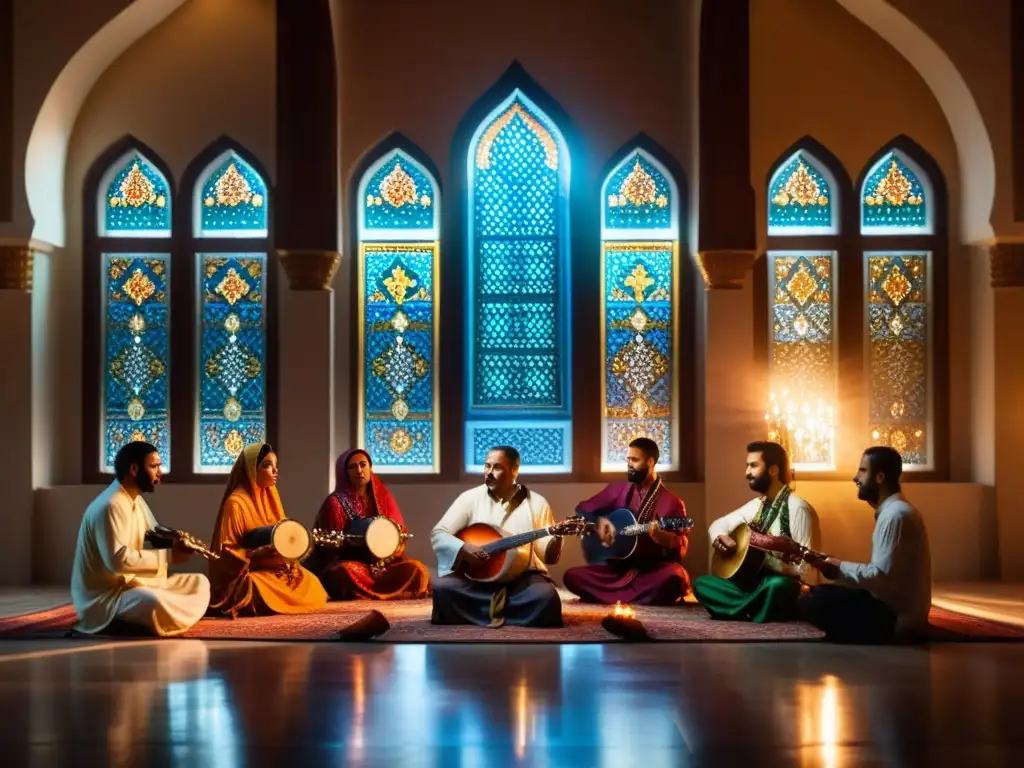 Un grupo de músicos interpreta música tradicional durante el ayuno del Ramadán en una mezquita iluminada por una cálida luz, creando una atmósfera de reverencia y riqueza cultural