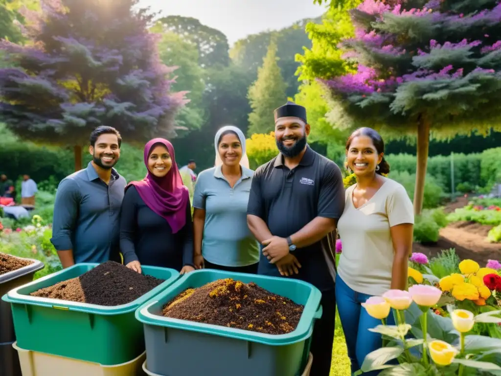 Grupo musulmán practicando compostaje en jardín exuberante con diseño islámico en los contenedores