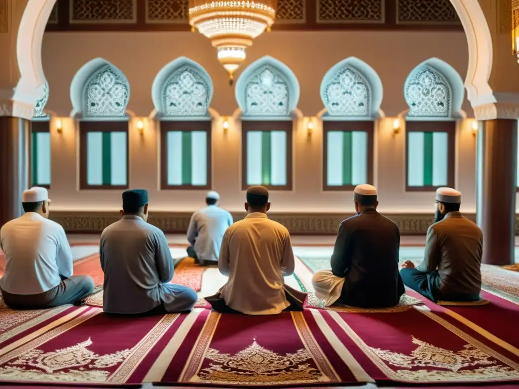 Grupo musulmán en oración, mezquita decorada con significado espiritual en Ramadán