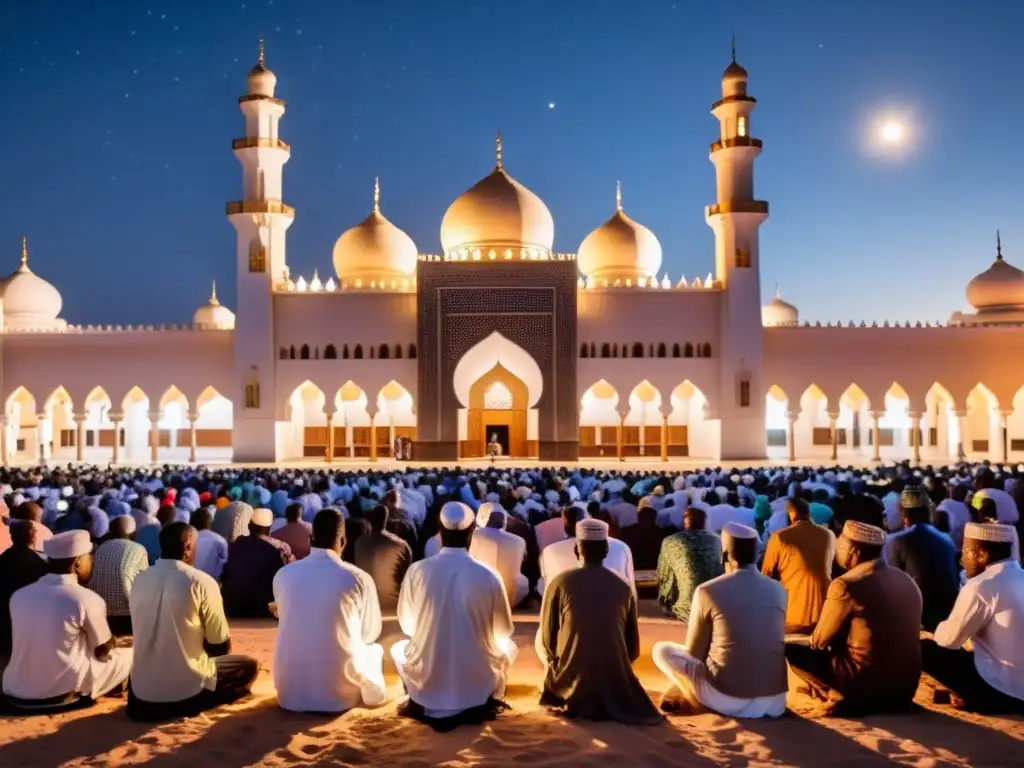 Grupo de musulmanes africanos rezando juntos bajo el cielo nocturno, iluminados por linternas en una mezquita