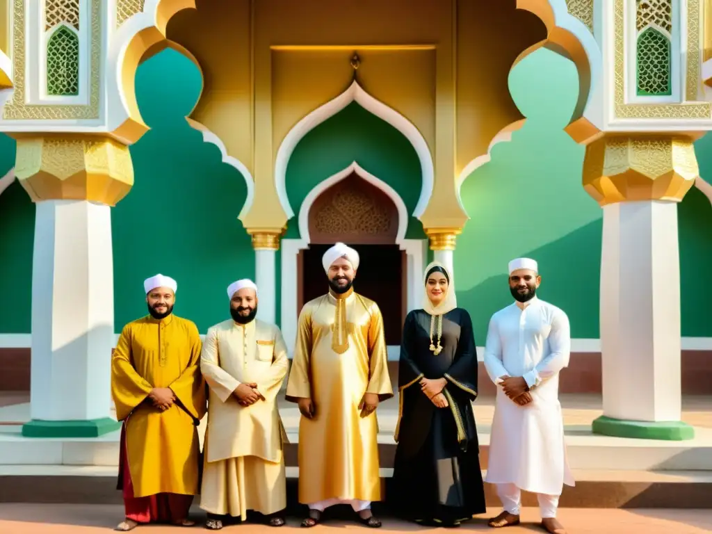 Un grupo de Musulmanes Bearys de Karnataka, India, viste atuendos tradicionales frente a una hermosa mezquita, capturando la rica herencia cultural