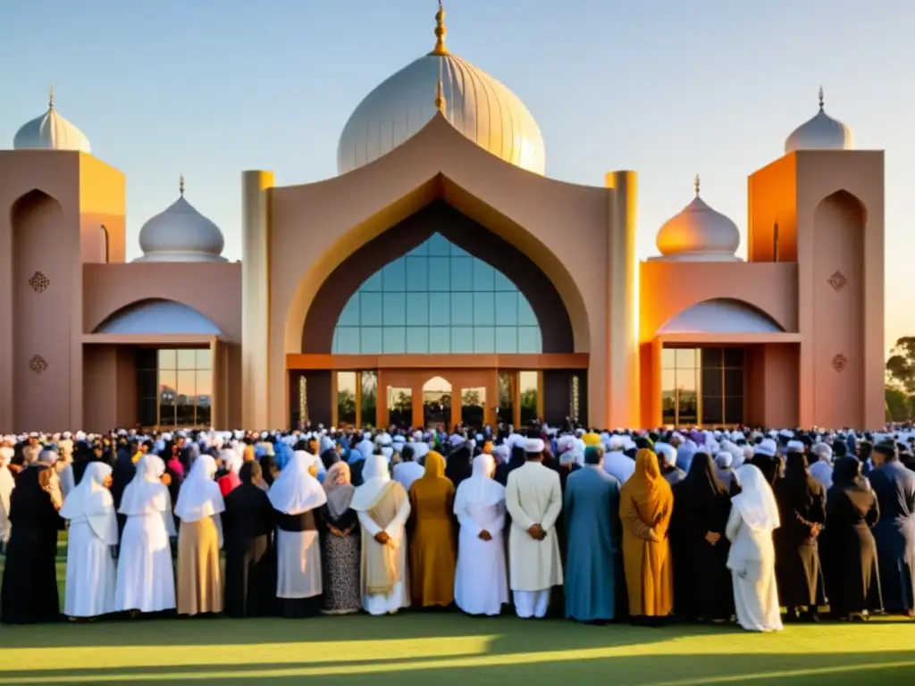 Comunidad musulmana reunida al atardecer en mezquita moderna en Australia Un grupo de musulmanes se reúne frente a una moderna mezquita en Australia al atardecer, creando una sensación de comunidad y conexión