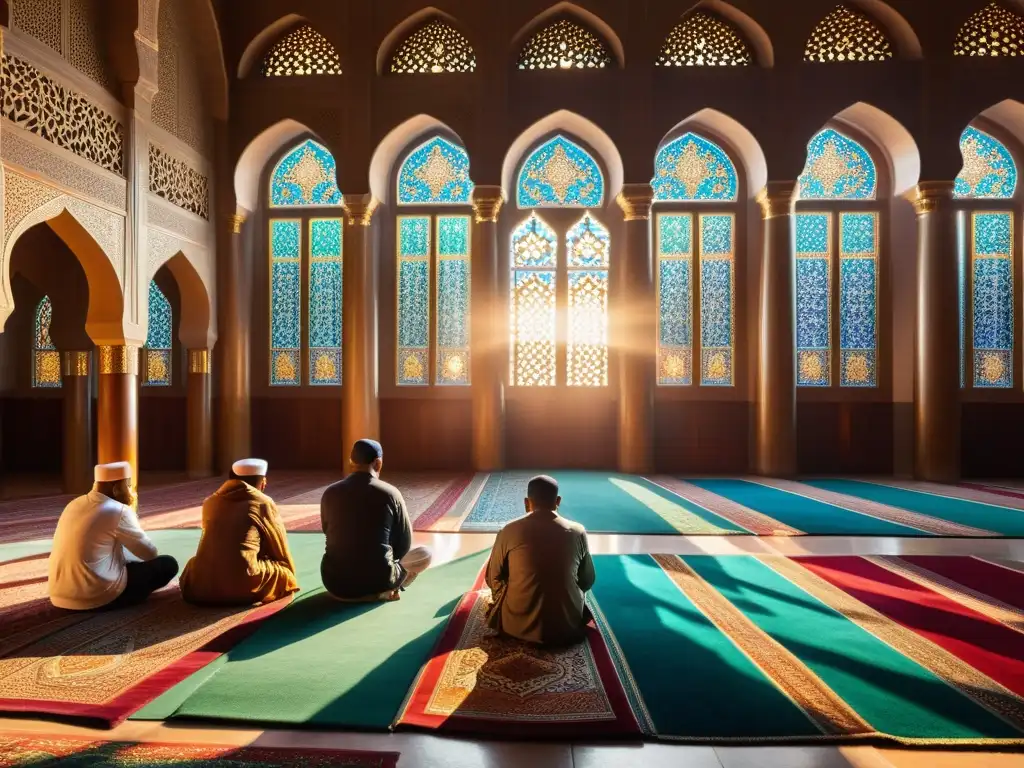 Un grupo de musulmanes rezando en una hermosa mezquita, iluminados por la luz del sol que entra a través de los vitrales