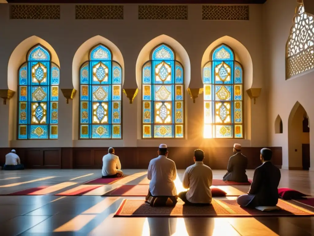 Grupo de musulmanes en la mezquita, observando Shabe Barat con devoción y solemnidad bajo la cálida luz dorada