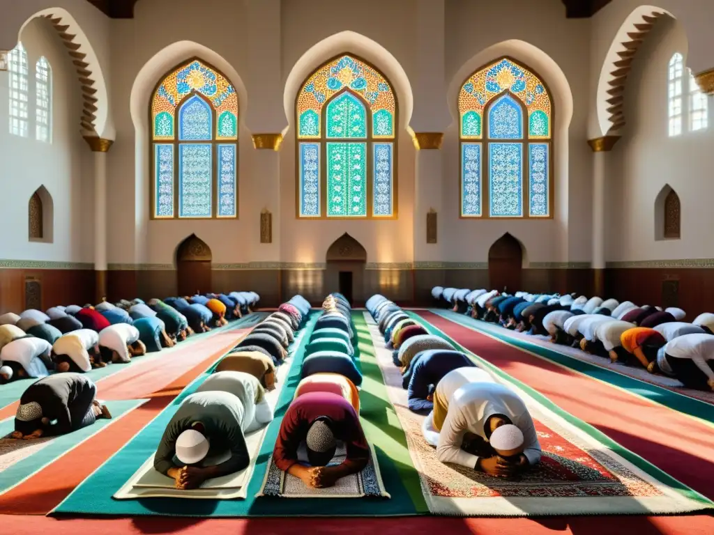 Grupo de musulmanes realizando la oración Salat en una hermosa mezquita