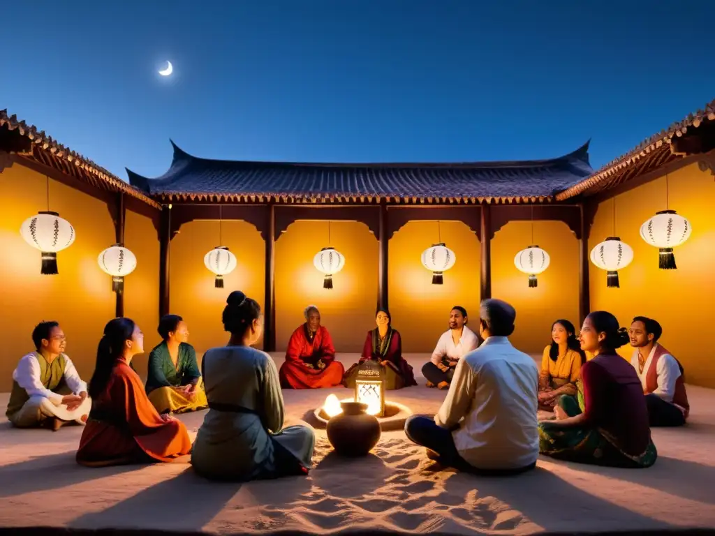 Grupo escucha a narrador en patio islámico iluminado por linternas, evocando la tradición narrativas orales noches islámicas bajo el cielo estrellado