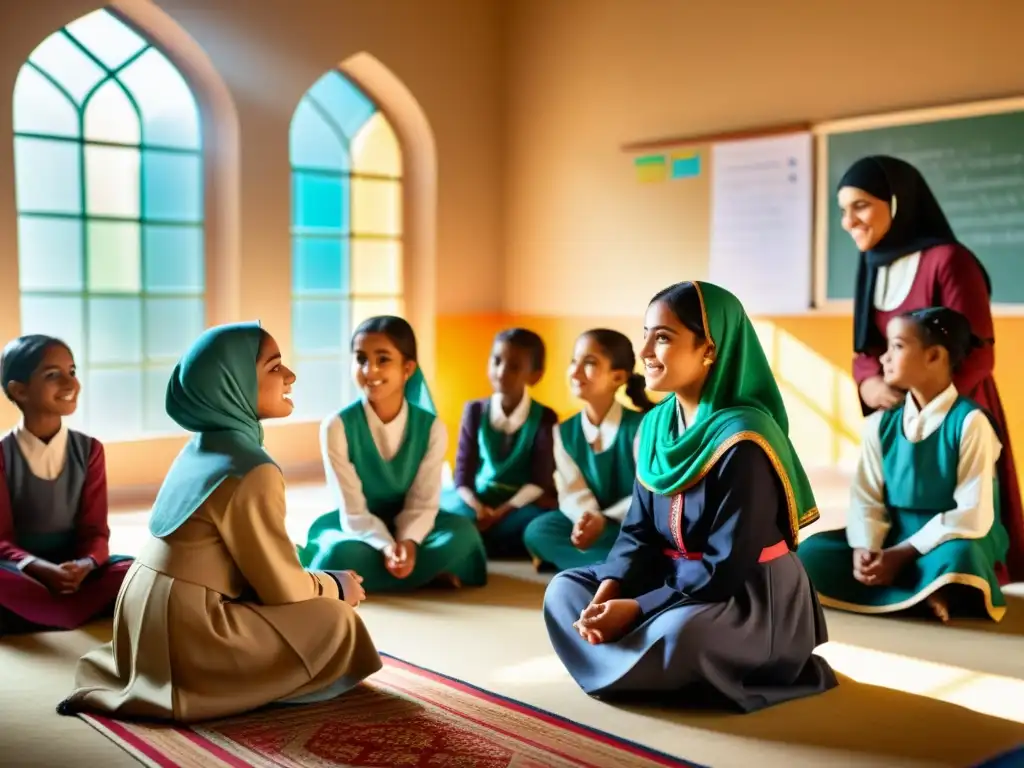 Grupo de niñas en atuendos islámicos participando entusiastas en una clase colorida, absorbiendo conocimiento en un ambiente educativo empoderador