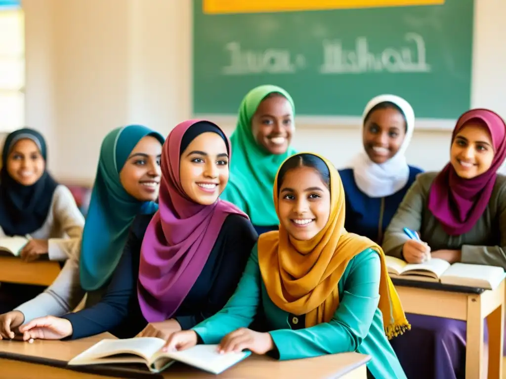 Grupo de niñas en clase islámica, participando entusiastas en discusión educativa, reflejando avances en educación femenina en el islam