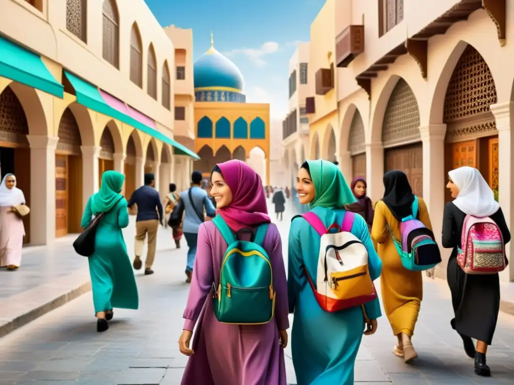 Grupo de niñas con hijabs coloridos caminando por una bulliciosa calle en una ciudad del Medio Oriente, mostrando el dinámico contexto de educación para niñas en el mundo islámico