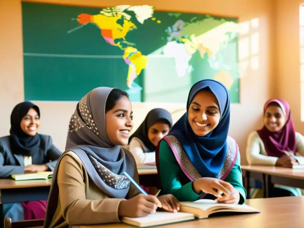 Grupo de niñas musulmanas en un alegre aula, rodeadas de libros y materiales educativos, mientras la maestra señala un mapa mundi